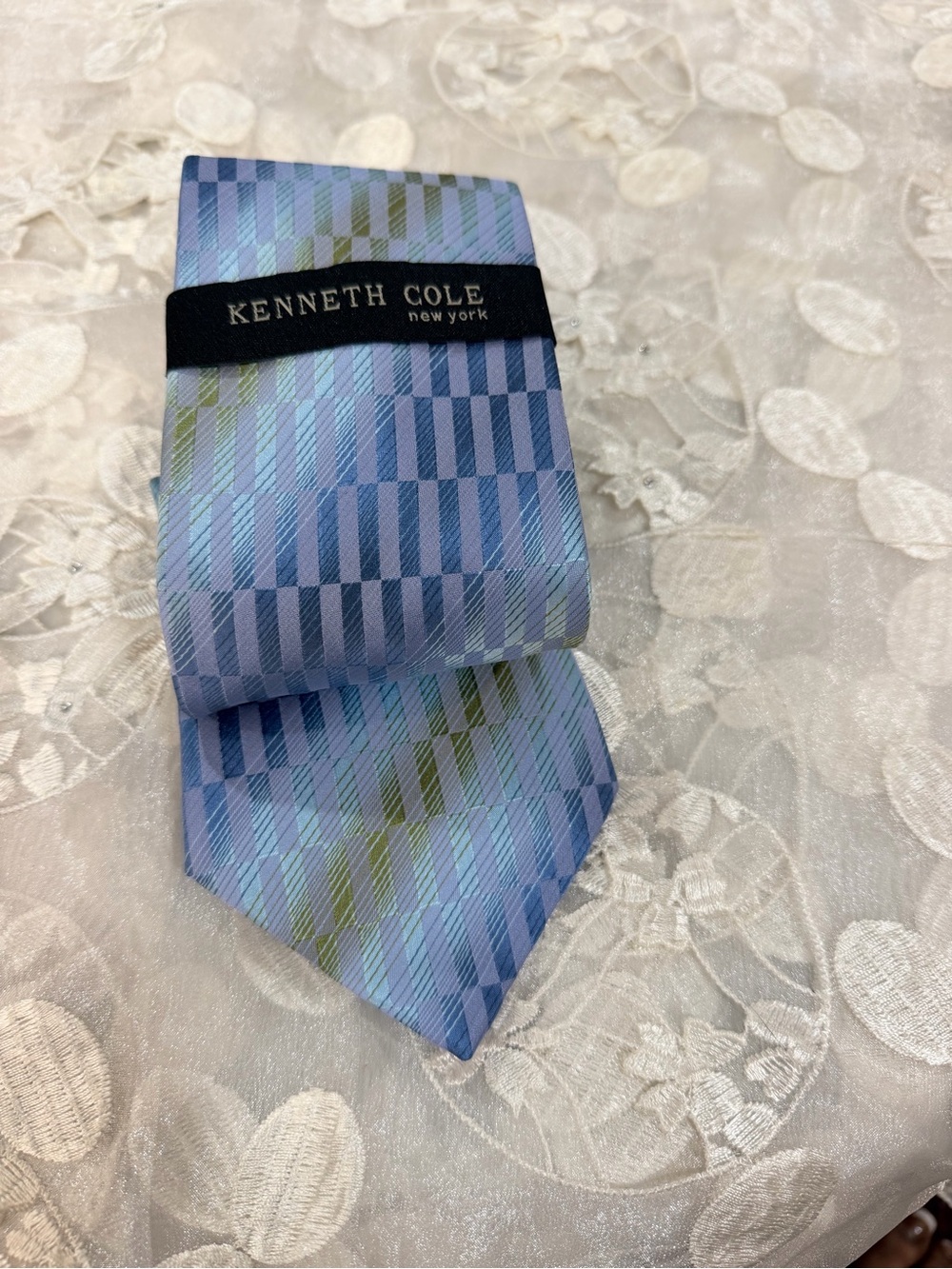 Kenneth Cole New York Light Blue & Green Diagonal Check Tie